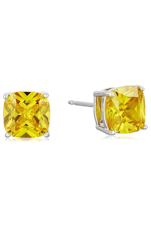 Cushion-Cut 7mm Yellow Cubic Zirconia Stud Earrings, Platinum Jewelry for Women
