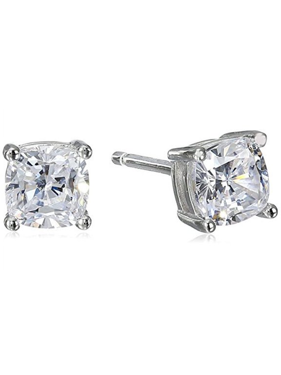 Platinum Cushion Cubic Zirconia Stud Earrings Plated