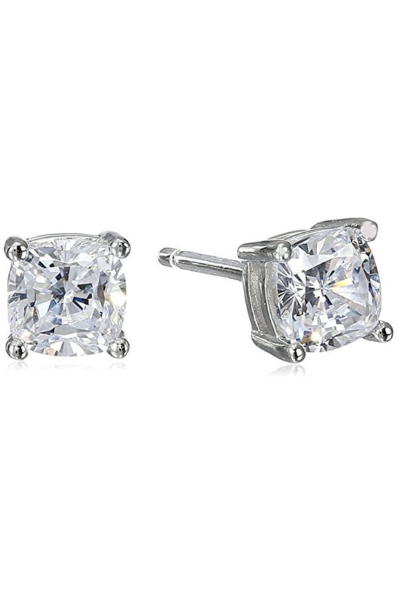 Platinum Cushion Cubic Zirconia Stud Earrings Plated