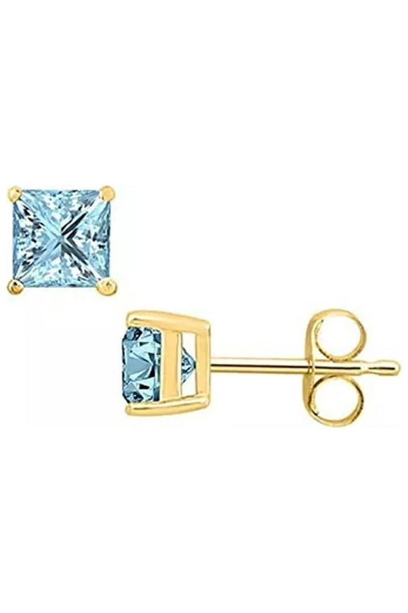 10k Yellow Gold Princess Cut Blue Aquamarine Stud Earrings, 3 ct plated