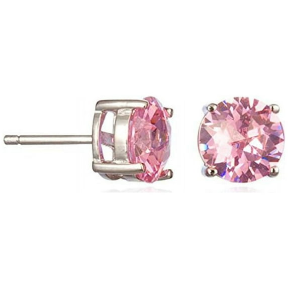 Paris Jewelry Rhodium 8 Mm Round Pink CZ Stud Earrings, Rhodium Plated