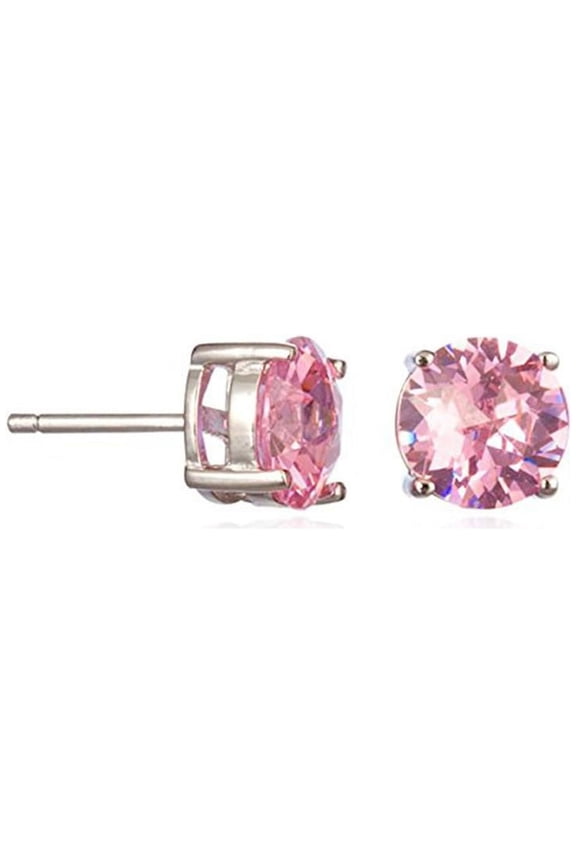 Rhodium 8 Mm Round Pink CZ Stud Earrings, Rhodium Plated