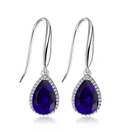 Paris Jewelry Teardrop Blue Sapphire Earrings, 4 Ct, 14k White Gold Jewelry for Women plated