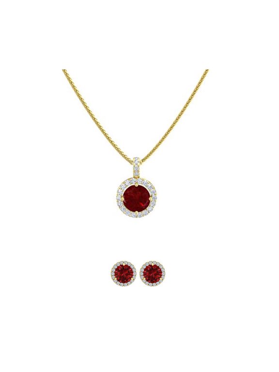 Paris Jewelry Women 18K Yellow Gold 4ct Halo Ruby Round 18 Inch Necklace and Halo Earrings Set Plated