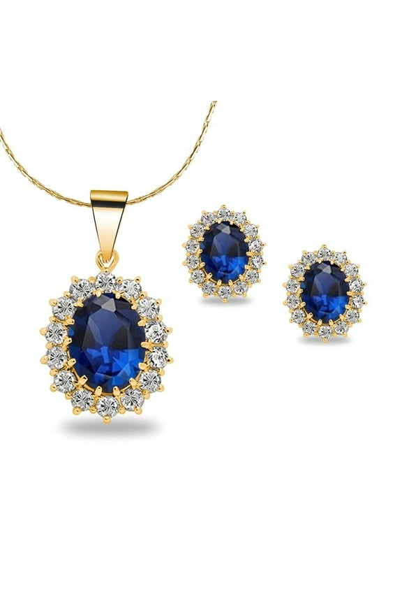 Women 18K Yellow Gold Plated Created Blue Sapphire Round 1/2 Ct Oval Necklace 18 inch