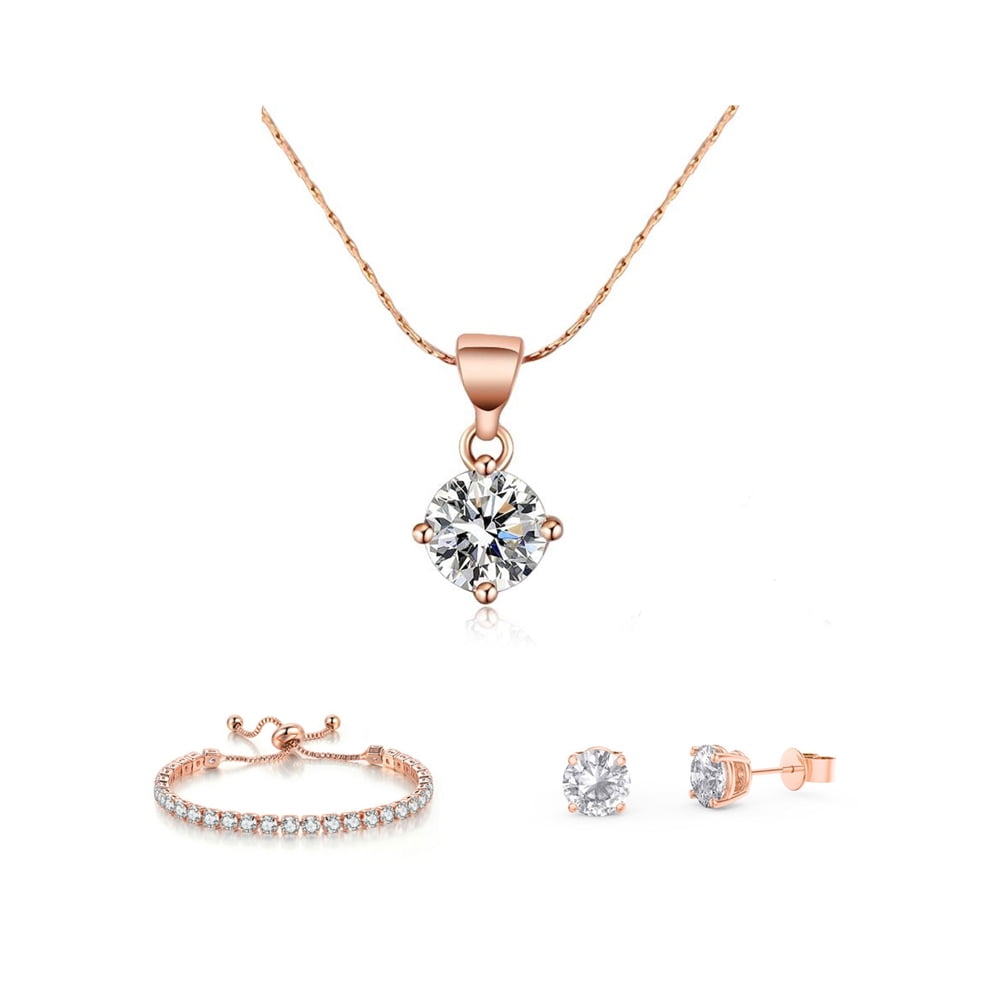 Paris Jewelry Women's 10k Rose Gold 6Ct Round White Sapphire Necklace