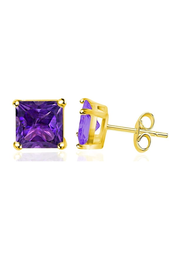 Women's 14k Yellow Gold Amethyst 3 Carat Princess Stud Earrings Plated
