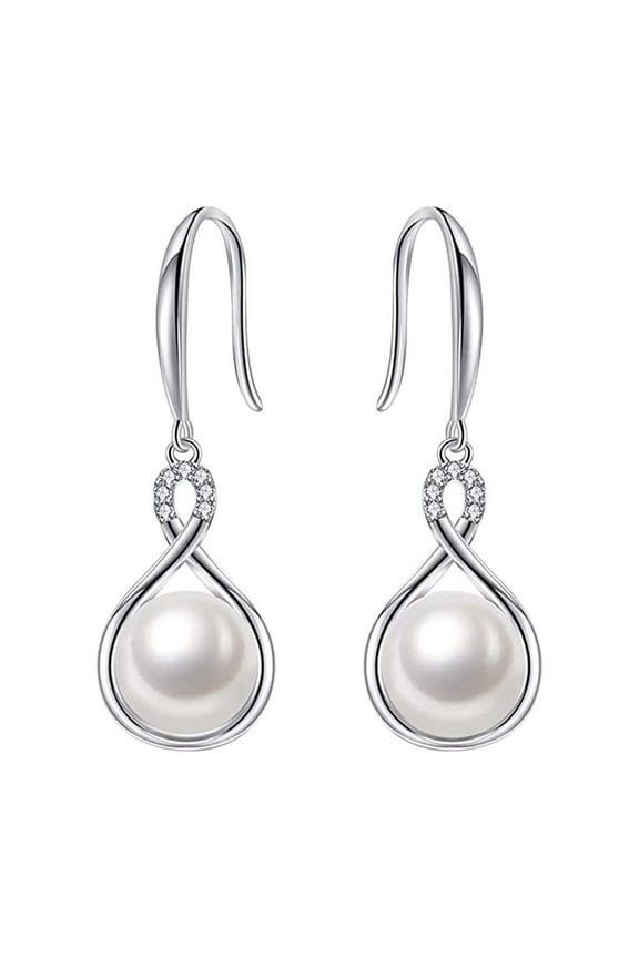 Women's 18K White Gold Freshwater Pearl 8MM Created Sapphire Dangling Infinity Earrings Plated