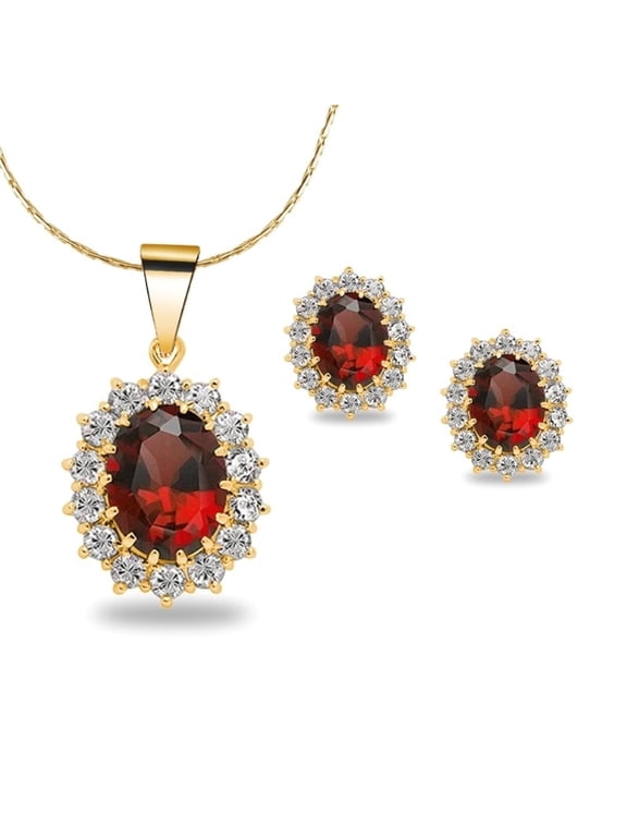 Women's 18K Yellow Gold 2Ct Created Ruby Oval Necklace, 18 in Cable Chain plated