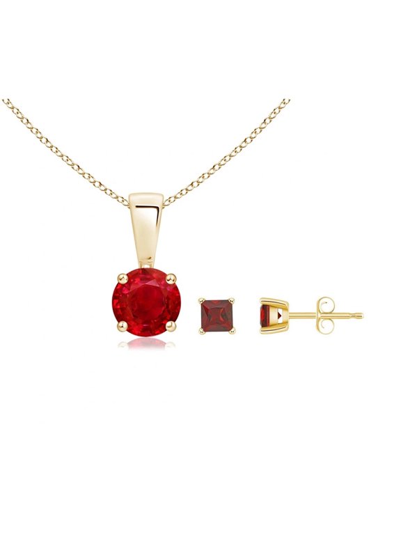 18K Yellow Gold 4 Ct Ruby Round Necklace & Square Earrings Set Plated Women