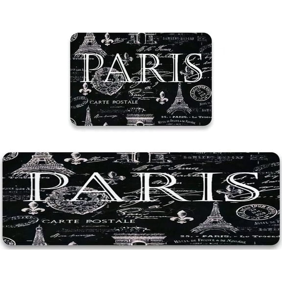 Paris Kitchen Rug Set 2 Pieces Paris Eiffel Tower Black and White Comfort Mat Cushioned Chef Sink Standing Floor Mats Washable Doormat Anti Fatigue Non-Slip Kitchen Runner Rugs Bedroom Area Carpet