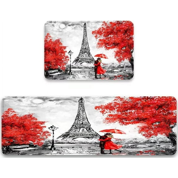 Paris Kitchen Rug Set 2 Pieces Elegant Paris Eiffel Tower France Couple Red Umbrella Trees Comfort Mat Cushioned Floor Mats Washable Doormat Anti Fatigue Non-Slip Chef Runner Rugs Bedroom Area Carpet