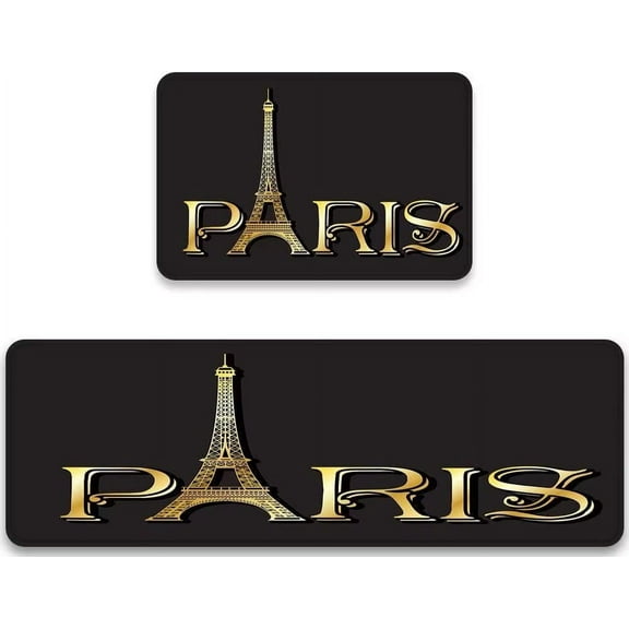 Paris Kitchen Rug Sets 2 Pieces Gold Eiffel Tower Floor Mats Vintage Drawn France Black Washable Doormat Anti Fatigue Non-Slip Area Runner Rugs Carpet for Bedroom 17.7*47.2+17.5*29.5inch