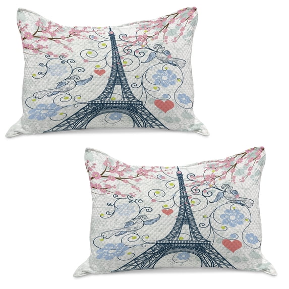 Paris Knitted Quilt Pillowcover Set of 2, Outline Eiffel Tower Swirling Flowers and Hearts Romantic Pastel Toned Design, Standard Queen Pillow Sham Bedroom, 30" x 20", Blue and Coral, by Ambesonne