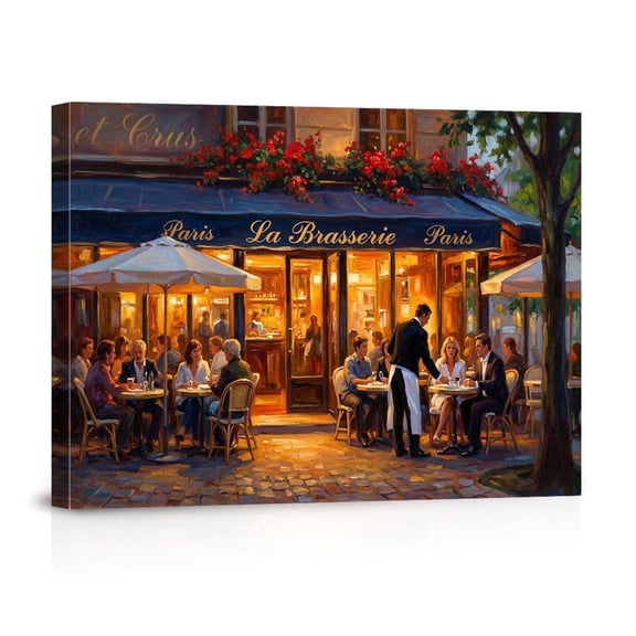 Paris La Brasserie Evening Street Scene French Bistro For Home Kitchen Dining Room Canvas