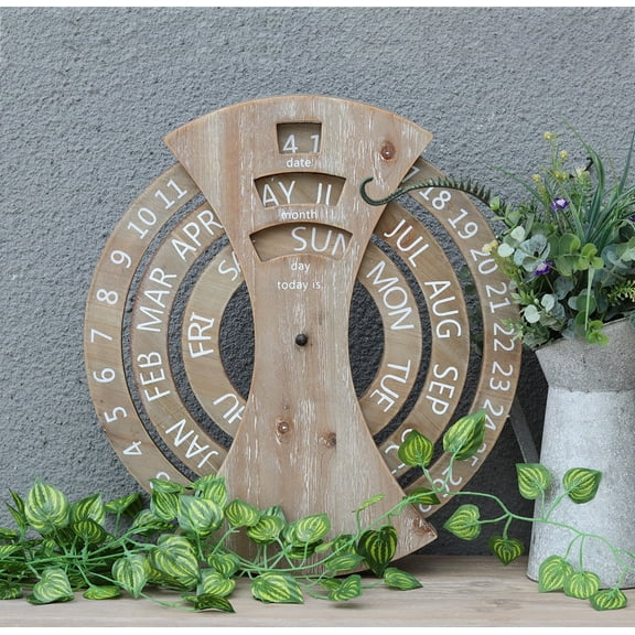 Paris Loft Round Farmhouse Wood Circular Spin Perpetual Wall Calendar, Brown