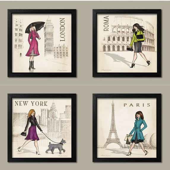 Paris, London, Roma and New York Set by Andrea Laliberte, Four 12 by 12-Inch Black Framed Prints
