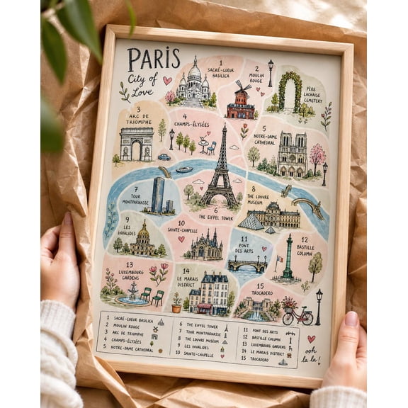Paris Map Eiffel Tower Wall Art Print, Unframed Paper Poster 11x14in
