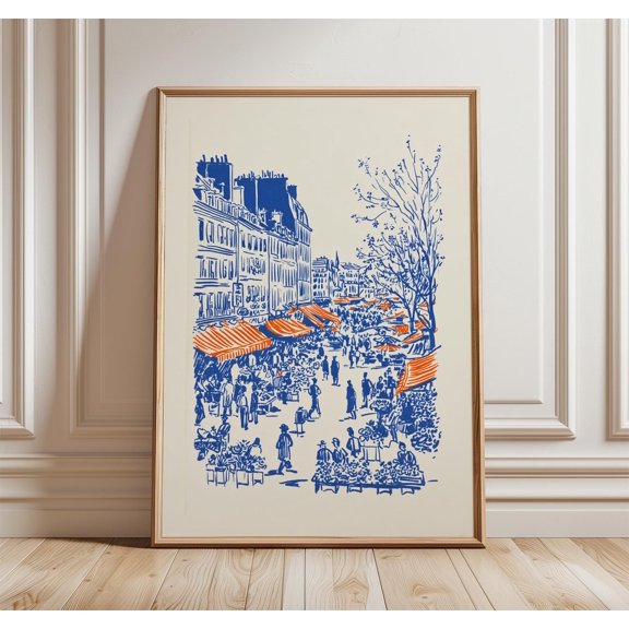 Paris Market Poster Illustration Art Print French Street Scene Wall Art Travel Decor