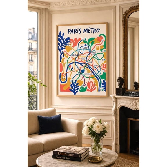 Paris Metro Map Wall Art Print, Unframed Paper Poster 16x20in