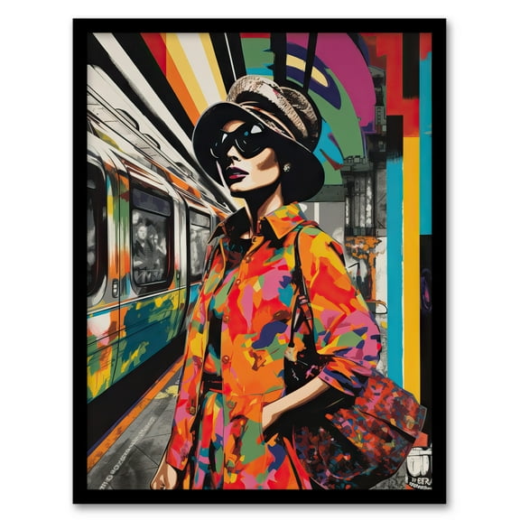 Paris Metro Parisian Fashion Collage Artwork Rainbow Train Station Retro Colour Patterns Vibrant Colourful Bold Pop Art Modern Painting Art Print Framed Poster Wall Decor 12x16 inch