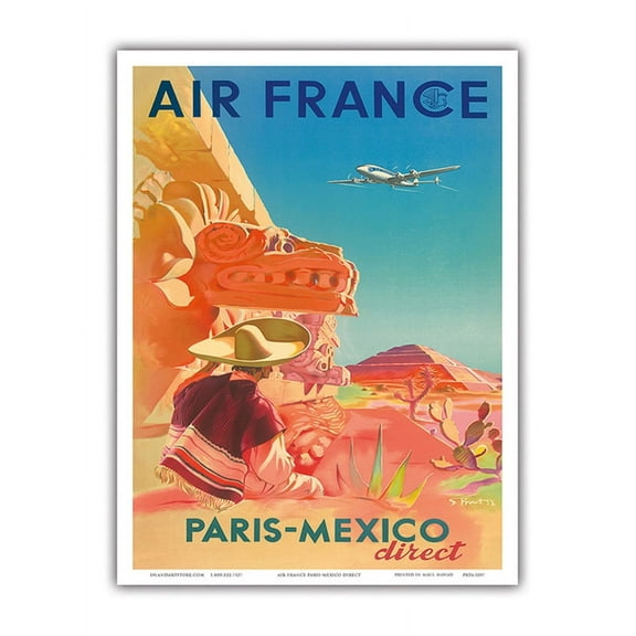 Paris - Mexico Direct - France - Mayan Ruins Chichen Itza Tikal - Vintage Airline Travel Poster by S. Prout c.1952 - Master Art Print (Unframed) 9in x 12in