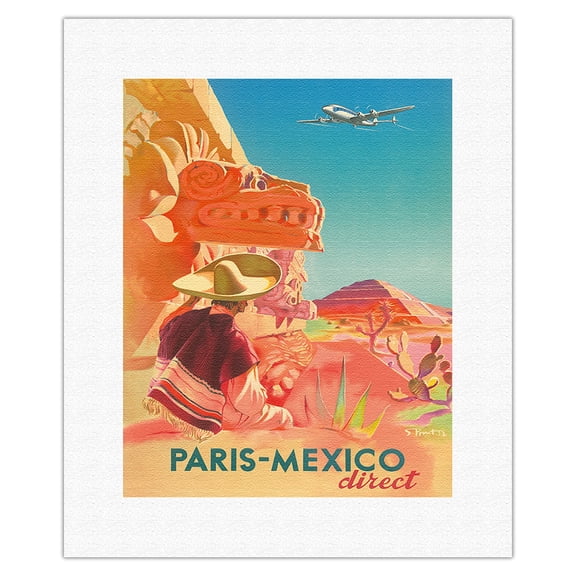 Paris-Mexico Direct - Mayan Ruins - Vintage Airline Travel Poster by S. Prout c. 1952 - Fine Art Rolled Canvas Print 11in x 14in