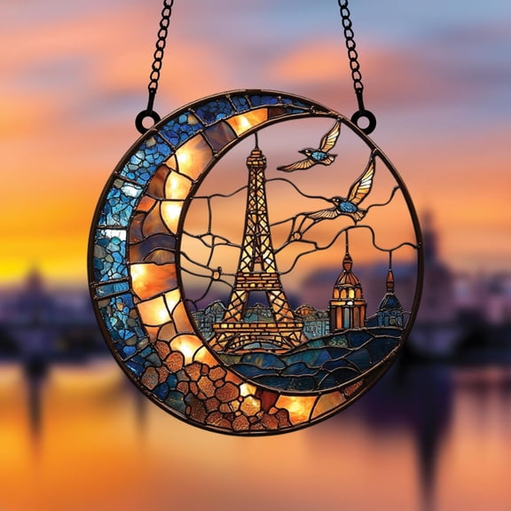 Paris Moonlight Suncatcher, Acrylic Window Hanging with Eiffel Tower, Crescent Moon and Birds, Romantic Travel Decor for France Lovers
