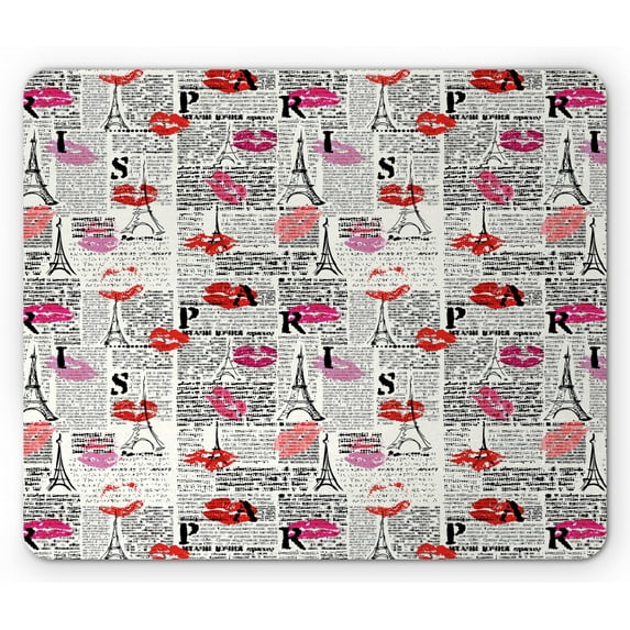 Paris Mouse Pad, Eifel Tower Sketches and Lipstick Kises Pattern, Rectangle Non-Slip Rubber Mousepad, Charcoal Grey Multicolor, by Ambesonne