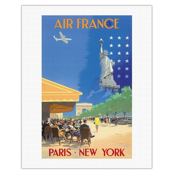 Paris New York - France - French Cafe And Statue of Liberty - Vintage Airline Travel Poster by Vincent Guerra c.1951 - Fine Art Rolled Canvas Print 20in x 26in