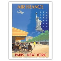 Paris New York - France - French Cafe And Statue of Liberty - Vintage Airline Travel Poster by Vincent Guerra c.1951 - Master Art Print (Unframed) 9in x 12in