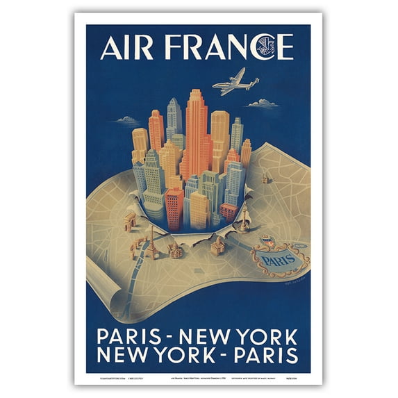 Paris-New York New York-Paris France - Vintage Airline Travel Poster by Alphonse Dehedin c.1950 - Master Art Print (Unframed) 12in x 18in