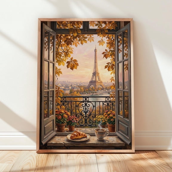 Paris Open Window Print — Autumn Eiffel Tower Mediterranean Style Romantic View Aesthetic Kitchen Wall Decor Wall Art261
