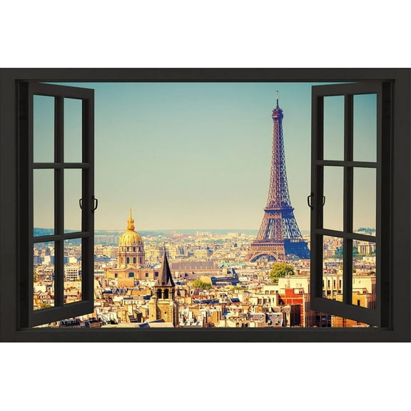 Paris Open Window Skyline Eiffel Tower Laminated Poster Print (36.5 x 24.5)