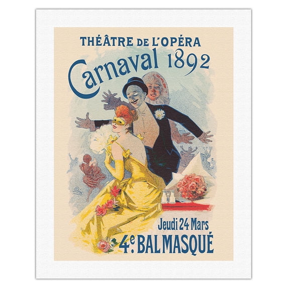 Paris Opera (Théâtre de L'Opéra) - Carnival Masquerade - Vintage Theater Poster by Jules Chéret c.1892 - Fine Art Rolled Canvas Print 20in x 26in
