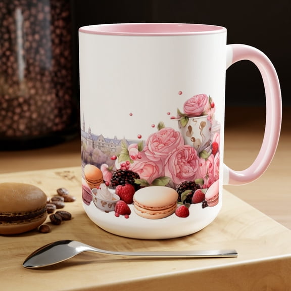Paris Pastries Ceramic Mug: French Cafe Design, Two-Tone Cup