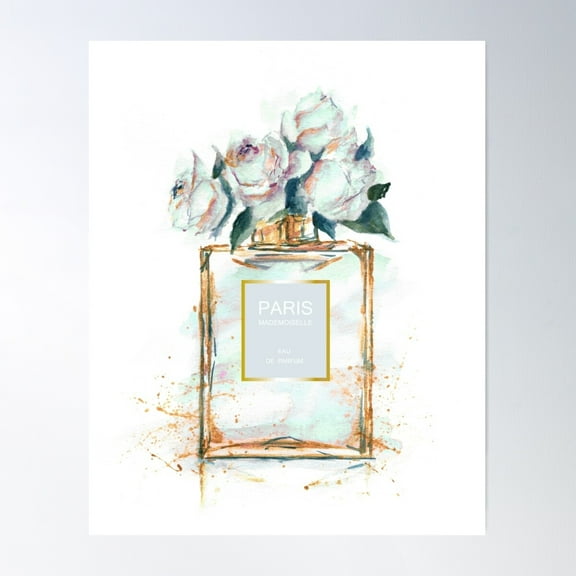 Paris Perfume Watercolor Peonies Illustration Poster Wall Art, Modern Wall Decor For Living Room Bedroom, 8x12 UNFRAMED