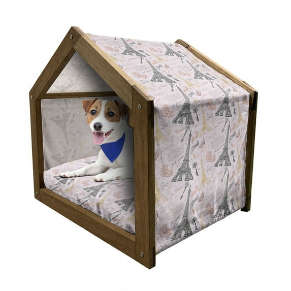 Paris Pet House, Eiffel Tower Sketch with Hand Lettering City Name Keys Quill Love Capital, Outdoor & Indoor Portable Dog Kennel with Pillow and Cover, 5 Sizes, Multicolor, by Ambesonne