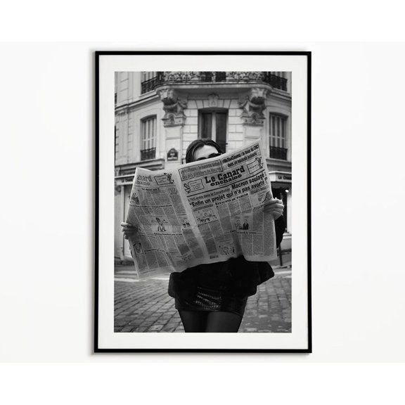 Paris Photography Poster Vintage Woman Reading Newspaper, Unframed Paper Poster 8x10in