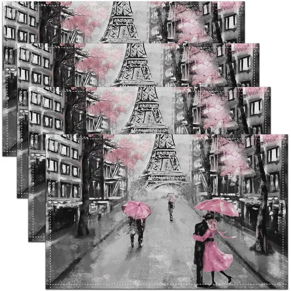Paris Place Mats 12x18 Set of 4, French Eiffel Tower Placemats for Dining Patio Table Kitchen, Retro Paris Themed Table Mats Watercolor Cherry Blossoms Wipeable & Heat Resisting Meal Mats, Pink Grey