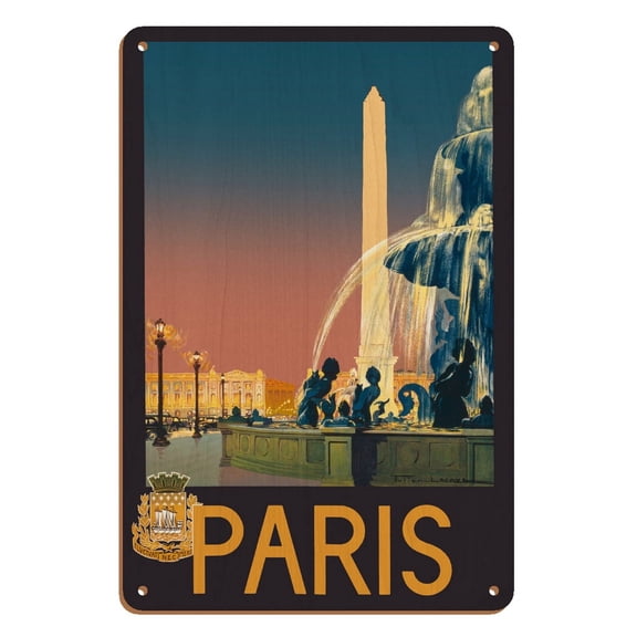 Paris - Place de La Concorde Fountain - Paris-Lyon-Méditerranée Railway (PLM) - Vintage Travel Poster by Julien Lacaze c.1930 - 8 x 12 inch Vintage Wood Art Sign