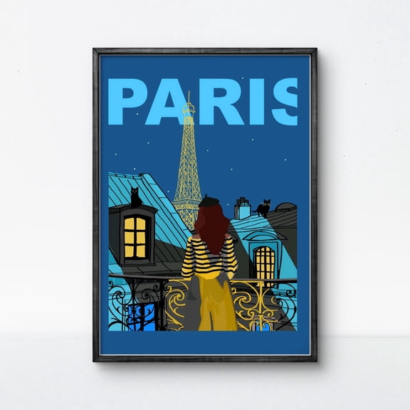 Paris Poster Eiffel Tower View French Balcony Cat Rooftop Art Night Cityscape Blue Wall Decor Home Decor Gift , Poster Print Only