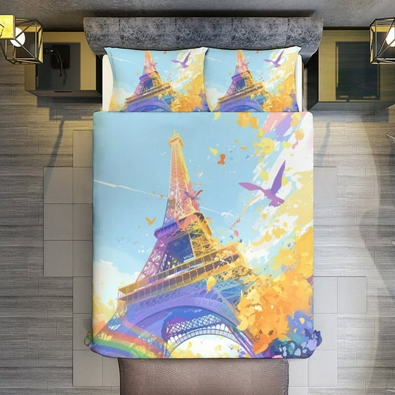Paris Pride Eiffel Tower Quilt Cover Set Fashionable Printed Bedding Covers with Pillowcase Home Textiles, Queen (90"x90")