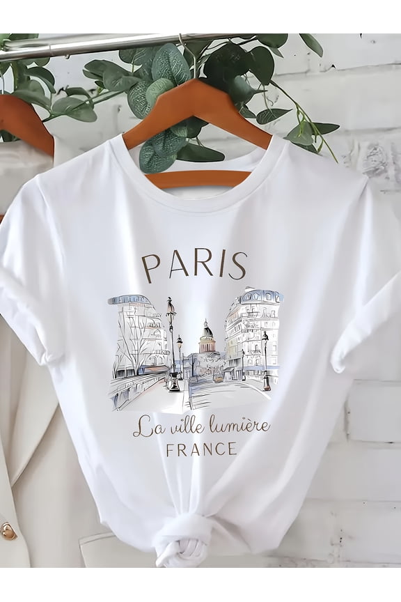 Paris Printed T-Shirt, Short-Sleeved Round Neck Casual Top for Summer And Spring, Women'S Clothing