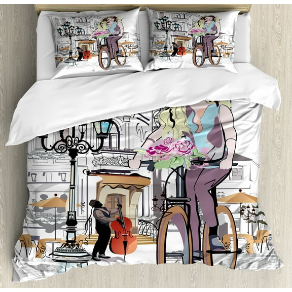 Paris Queen Size Duvet Cover Set, Young Girl with Bike and Roses in a Street Old Town Musician Romantic Tour in City, Decorative 3 Piece Bedding Set with 2 Pillow Shams, Multicolor, by Ambesonne