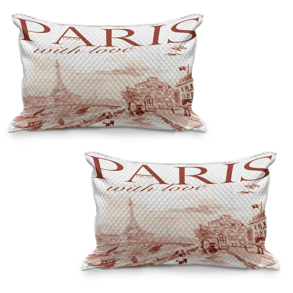 Paris Quilted Pillowcover Set of 2, Vintage Watercolor Style Paris Illustration with Tour D'Eiffel Old Streets Image, Standard Queen Size Pillow Cover for Bedroom, 36" x 20", Pink, by Ambesonne
