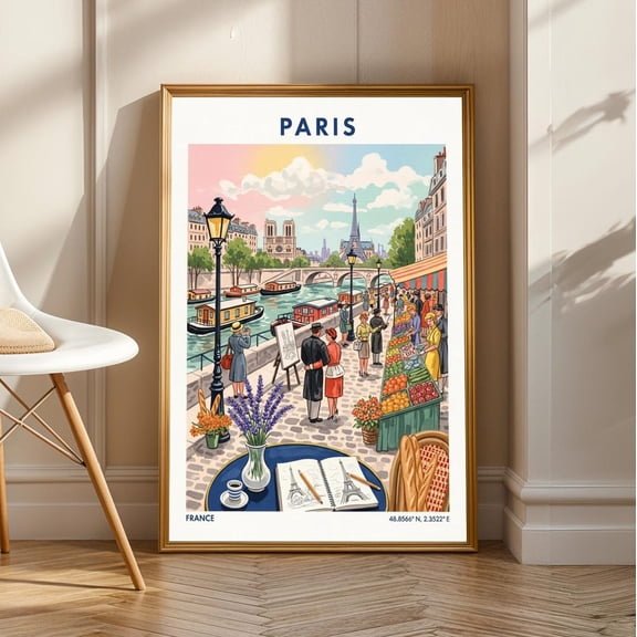 Paris Riverside Market Vintage Travel Poster: Eiffel Tower Art, Unframed Canvas Size 24x36