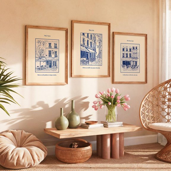 Paris Rome Barcelona Cafe Art Print European Travel Wall Decor Set 3 Unframed Paper Print 16x24