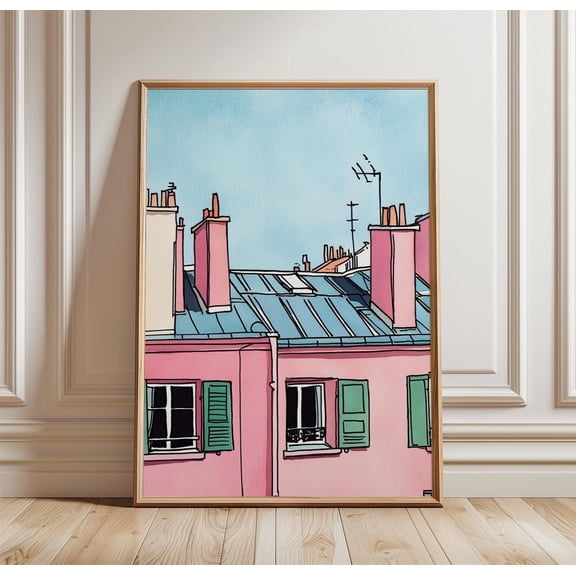 Paris Rooftop Illustration Poster Pastel Cityscape Print Minimal French Architecture Wall