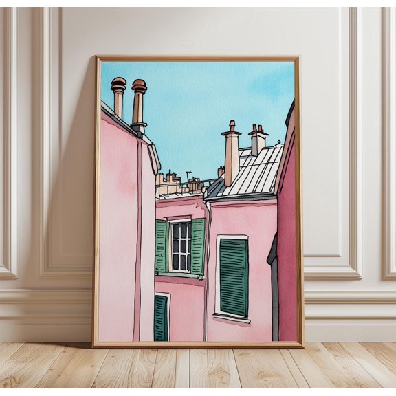 Paris Rooftop Illustration Poster Pastel Cityscape Print Minimal French Architecture Wall